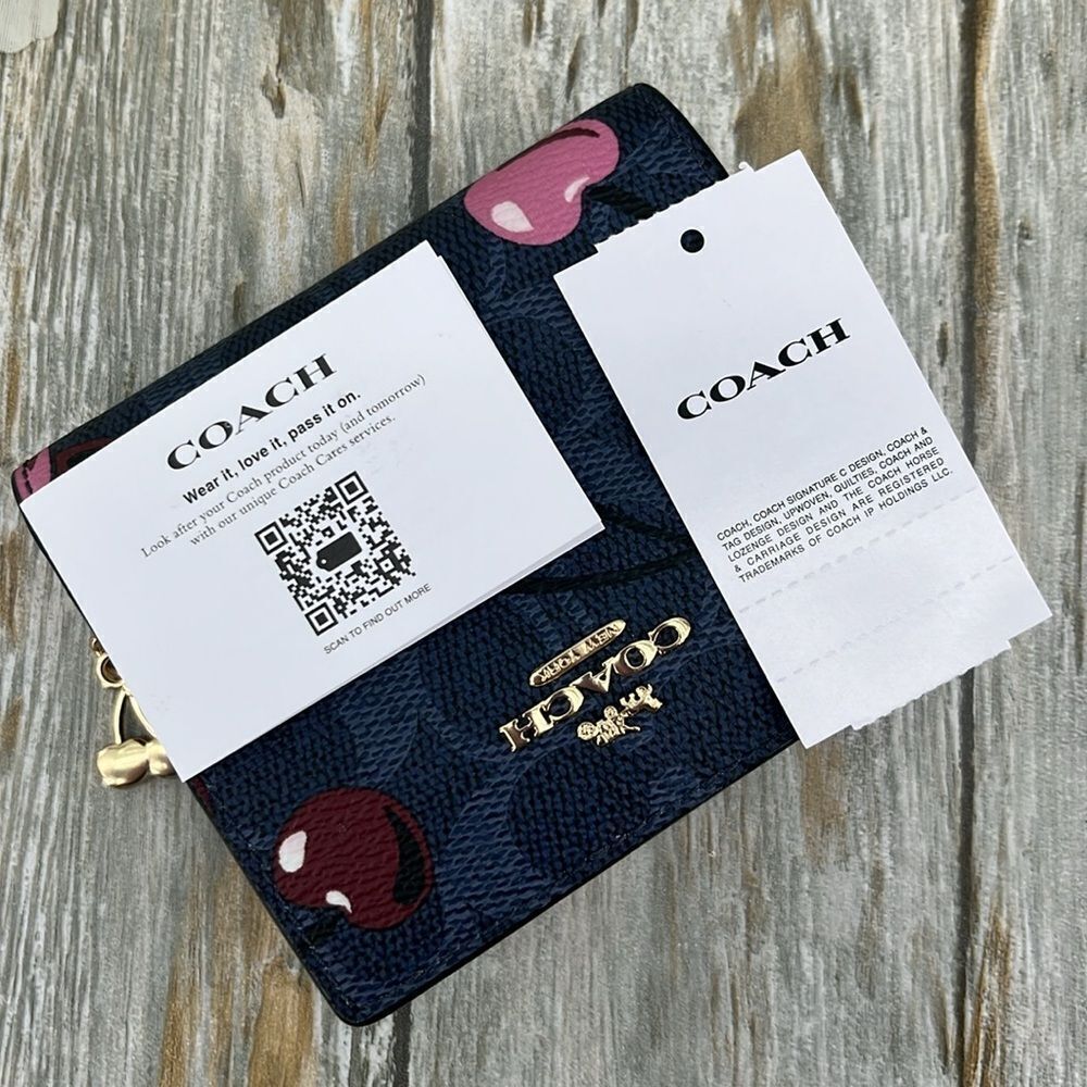 Coach Snap Wallet In Signature Canvas With Cherry Print & Cherry Charm Bag Purse - Picture 7 of 8